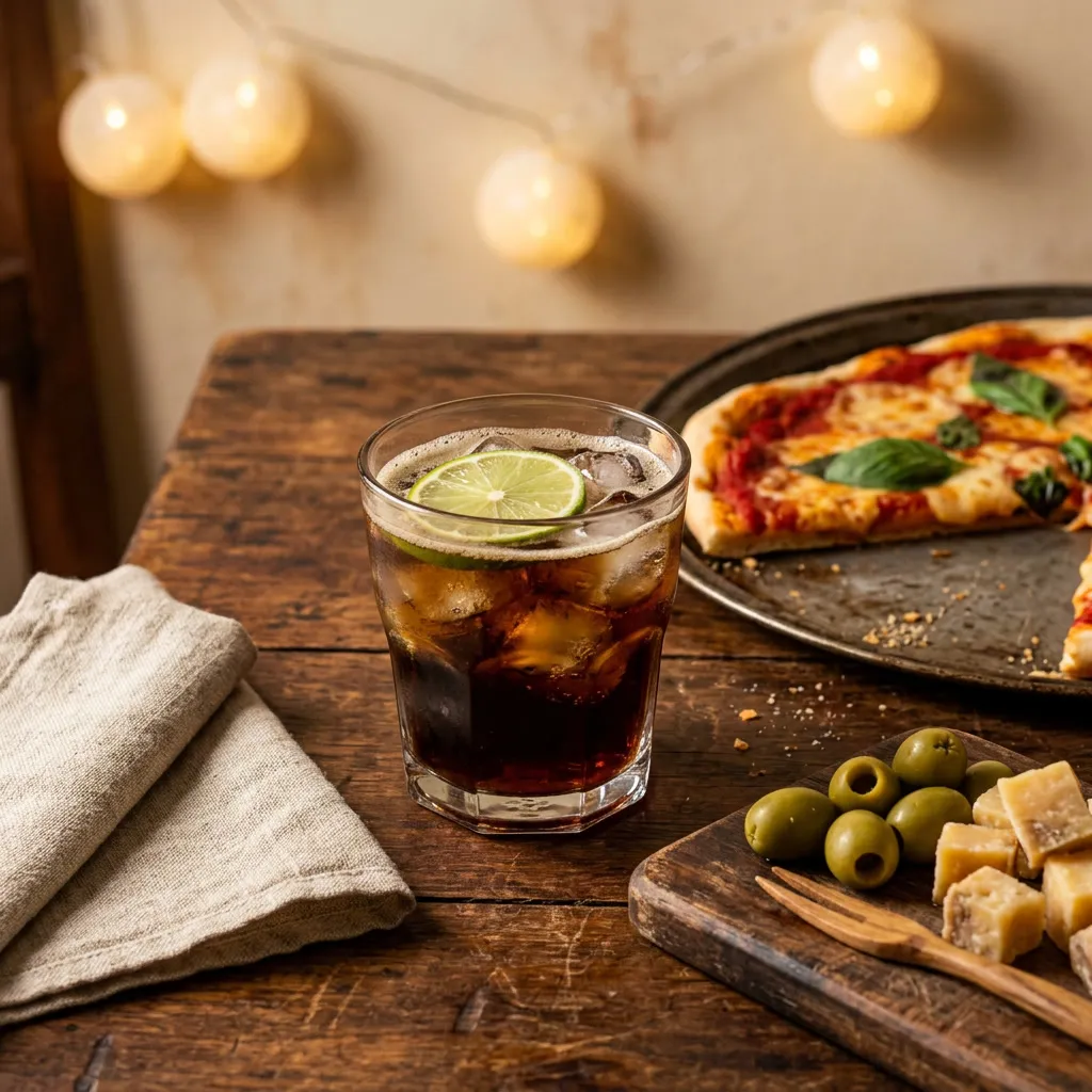 Fernet con coca con hielo y rodaja de lima, mesa de madera con servilleta de lino y aceitunas verdes