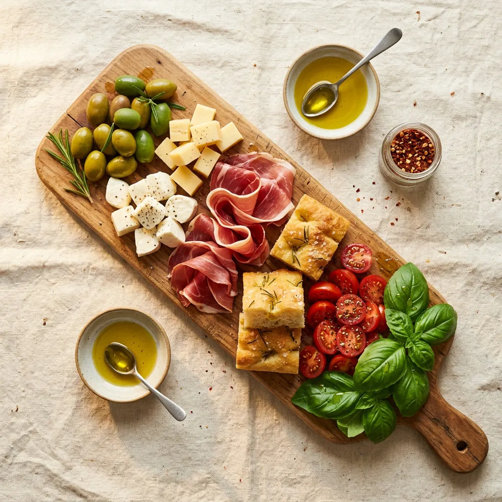 Tabla de antipasti con aceitunas, queso, jamón crudo, focaccia, tomate cherry y albahaca