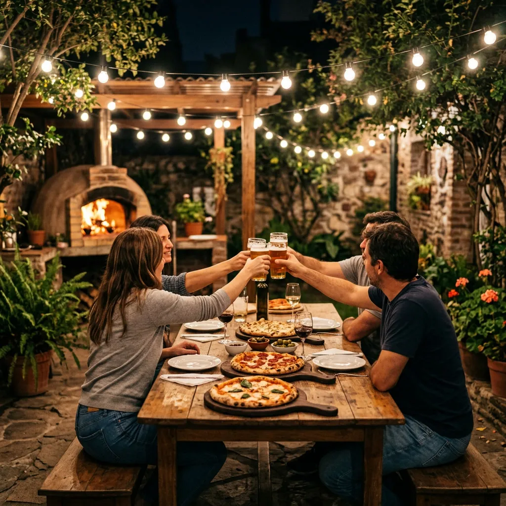 Brindis de cuatro adultos 30-50 con jarras de cerveza tirada sobre mesa larga con pizzas y guirnaldas warm