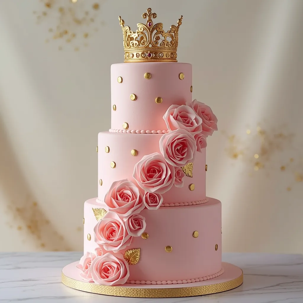 Torta princesa rosa y dorada con corona y rosas decorativas