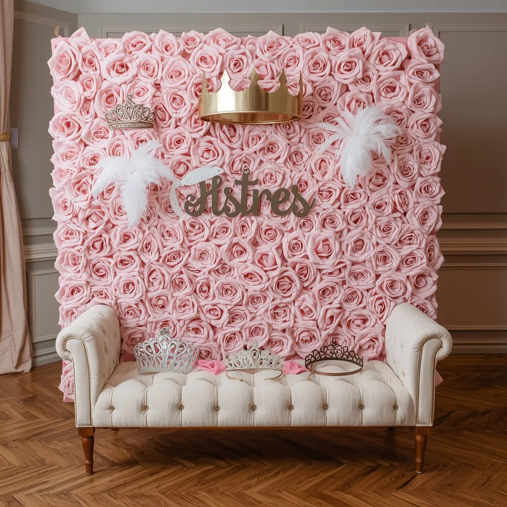 Photobooth princesa con corona, rosas y accesorios dorados