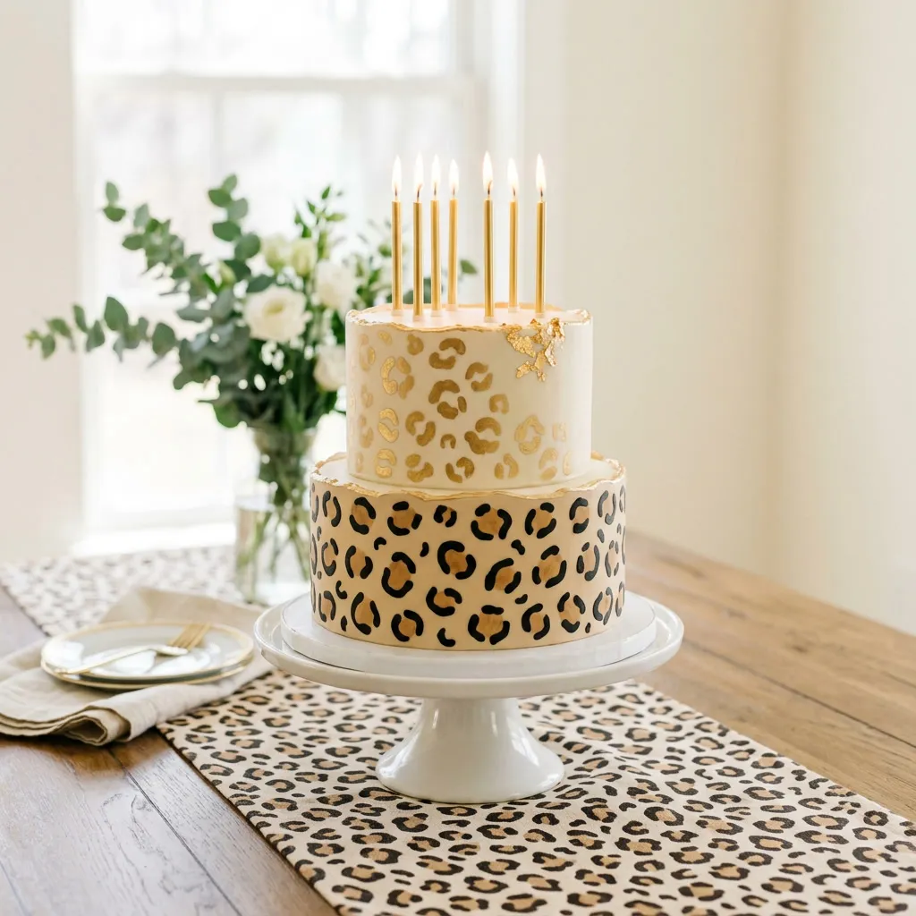 Torta con glaseado animal print leopardo, chorreado dorado y velas finas sobre base negra