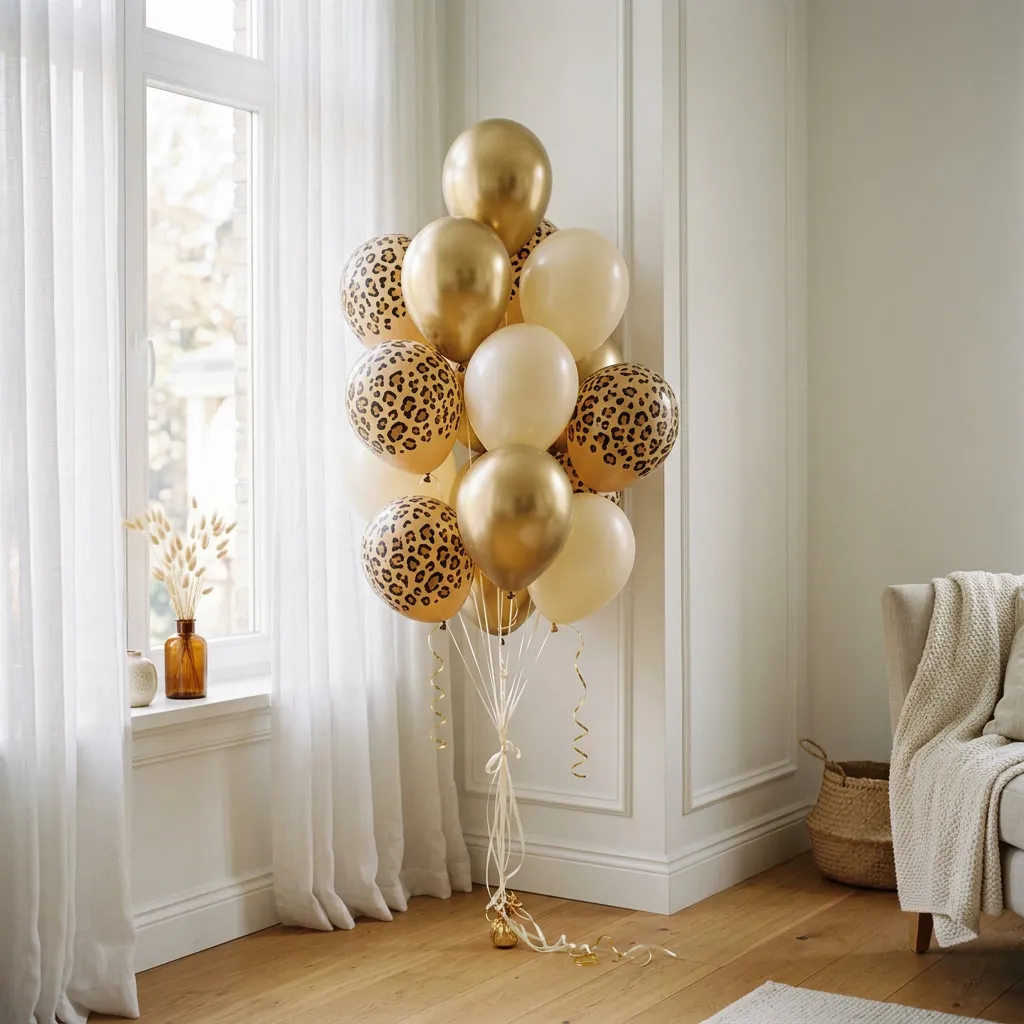 Racimo de globos dorados, globos con estampado leopardo y globos negros en un rincón de fiesta