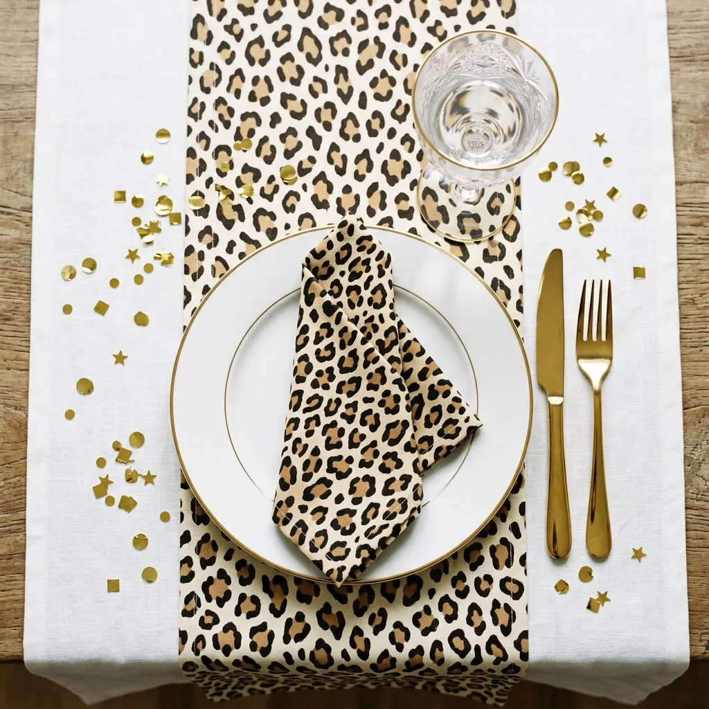 Mesa puesta con servilleta leopardo, cubiertos dorados, plato negro y copa con borde dorado