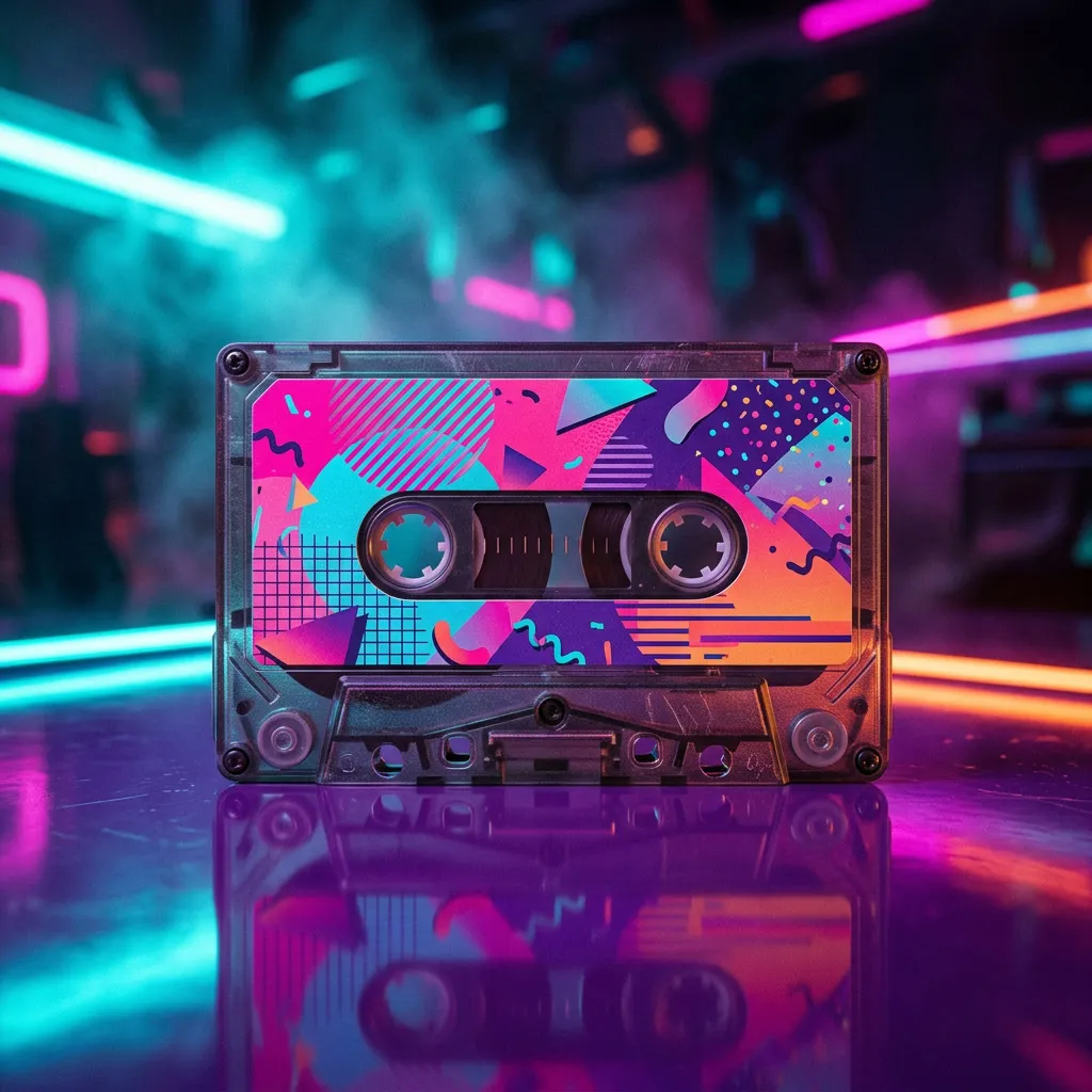 Cassette tape vintage con label retro 80s magenta y cyan sobre superficie purple oscura