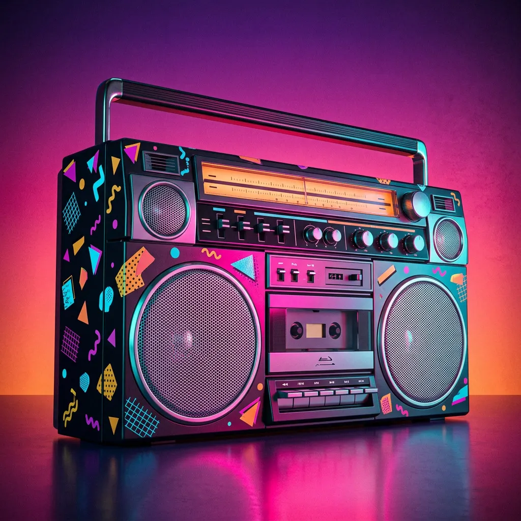 Boombox retro 80s con stickers Memphis pattern contra pared con horizonte gradient