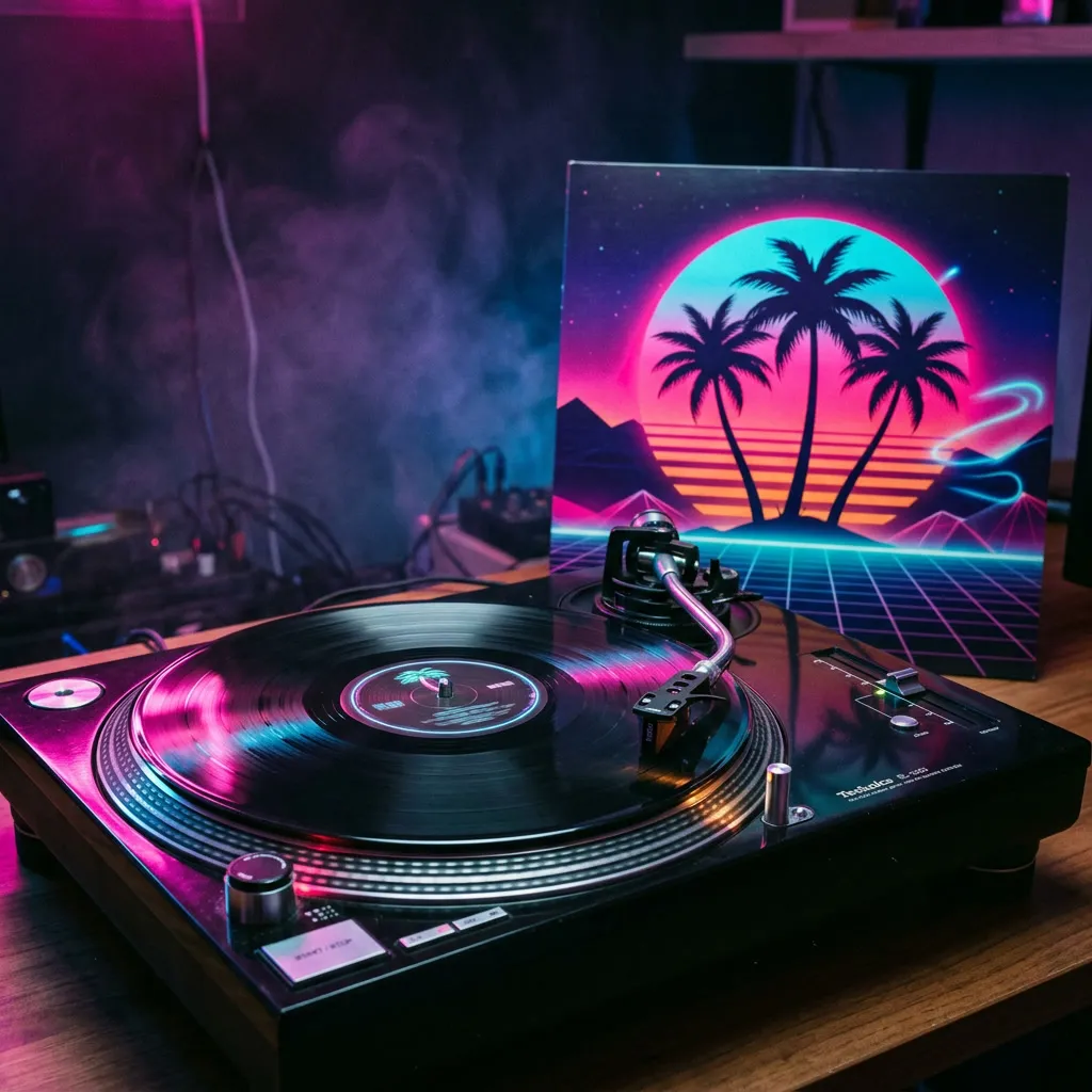 Vinyl record girando con sleeve retro 80s palm tree silhouette