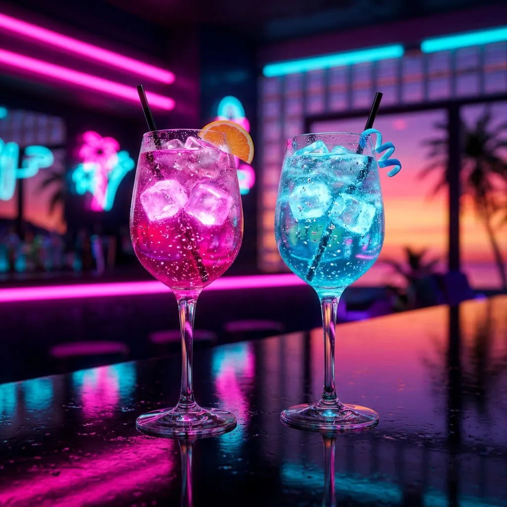 Dos copas con tragos magenta y cyan brillantes sobre barra glossy
