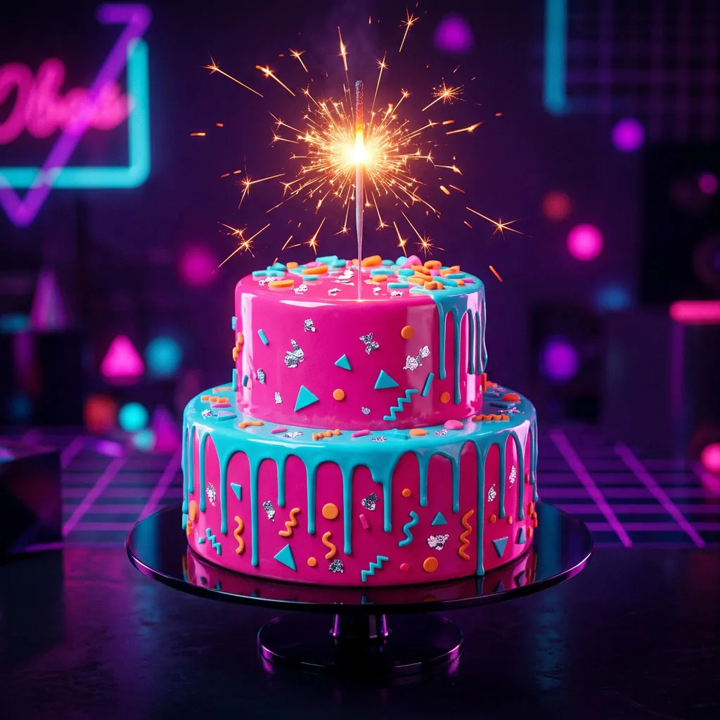 Torta two-tier glaseado magenta drip cyan con sparkler y Memphis pattern fondant