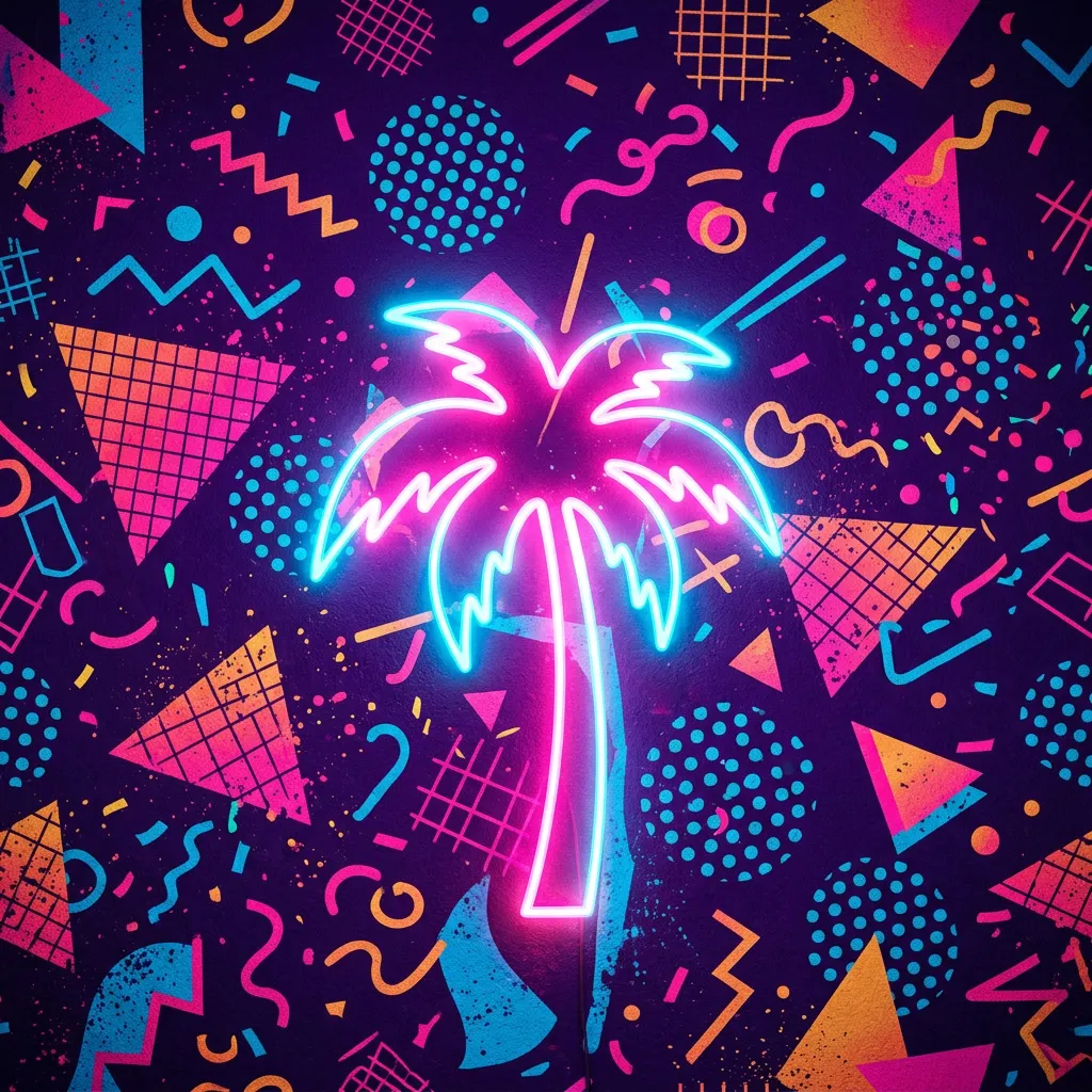 Wall close-up con Memphis pattern magenta cyan orange y palm tree silhouette frontal
