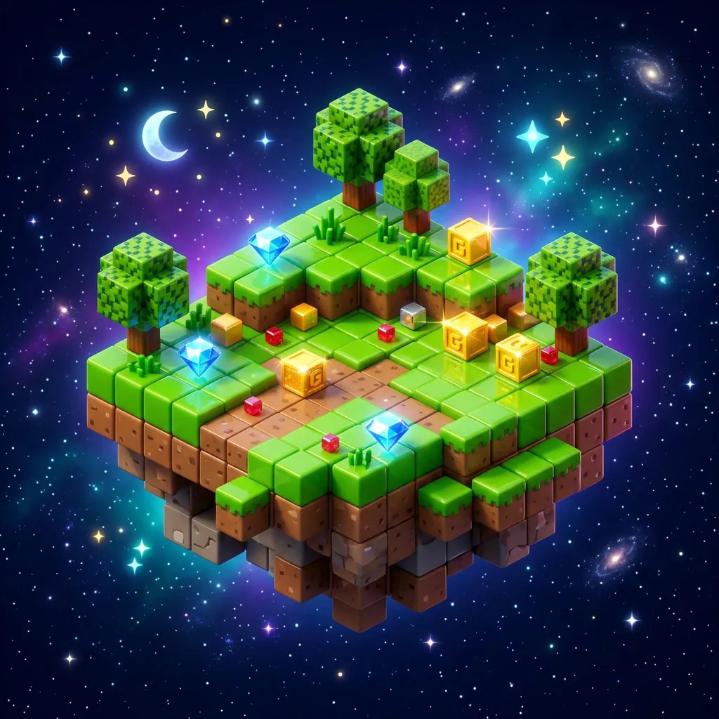 Isla flotante de pasto y tierra en cubos con árboles blocky y gemas