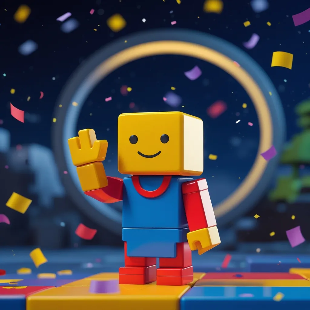 Avatar blocky saludando sobre una plataforma de cubos con confeti