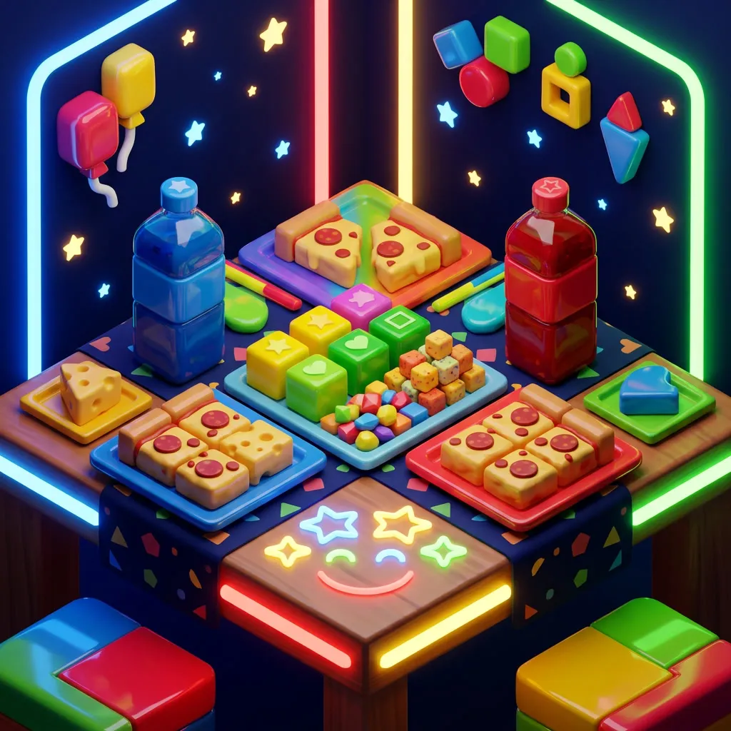 Mesa de cumple gamer con pizza, gaseosas y snacks en cubos neón
