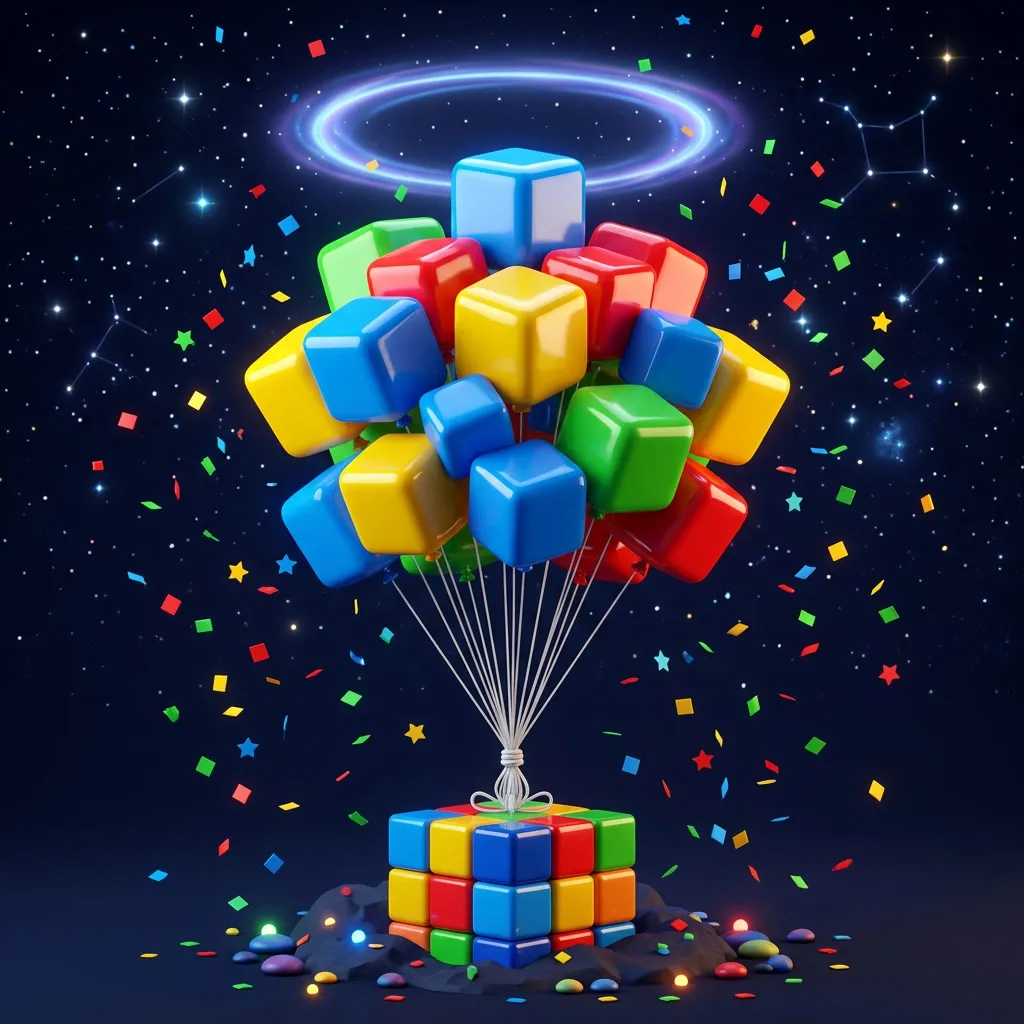 Racimo de globos cúbicos de colores atados sobre una plataforma blocky
