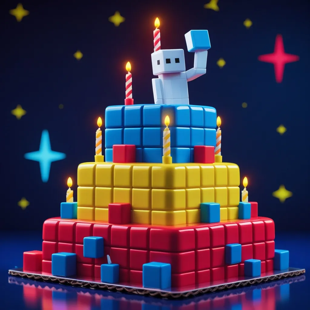 Torta blocky de tres pisos con velitas y un avatar de topper