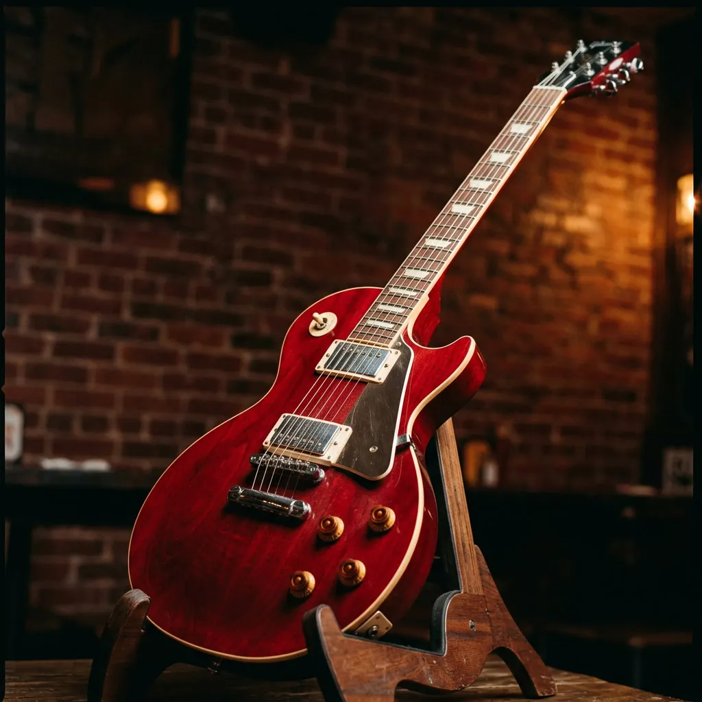 Guitarra Les Paul color rojo carmín apoyada en stand, primer plano de pickups y body, luz tungsten cálida