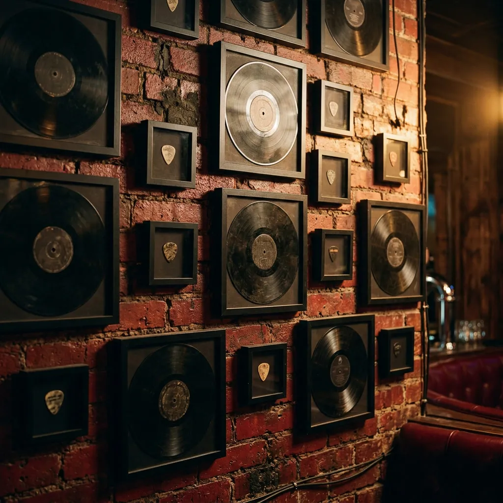 Pared de ladrillo rojo visto cubierta con vinilos enmarcados y marcos con púas de guitarra clavadas