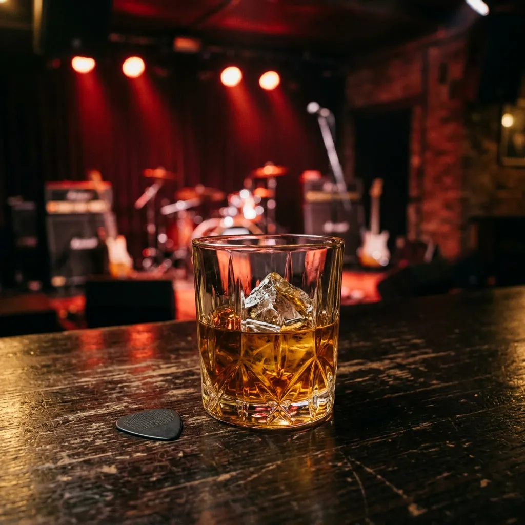 Vaso corto de whisky ámbar sobre mesa de madera oscura con púa de guitarra al lado, fondo escenario con luz roja
