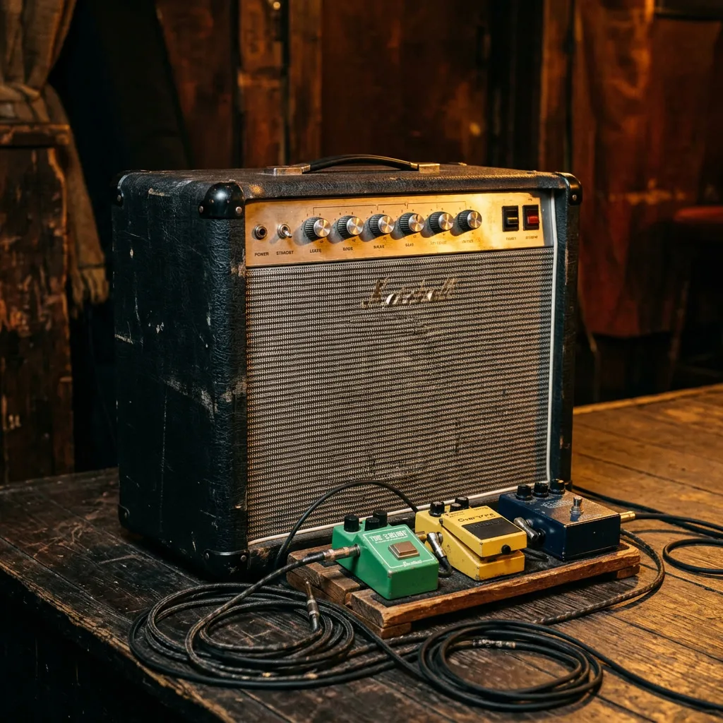 Amplificador Marshall vintage negro con knobs cromados y pedalera de efectos al pie, cables enredados