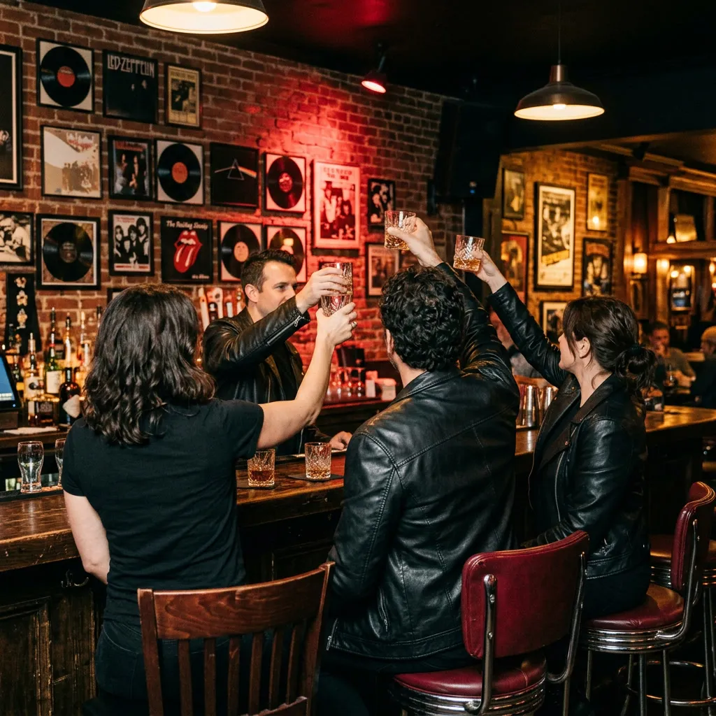 Brindis en barra de rock: tres adultos 40-50 de espaldas con remera negra y campera de cuero levantando vasos cortos de whisky