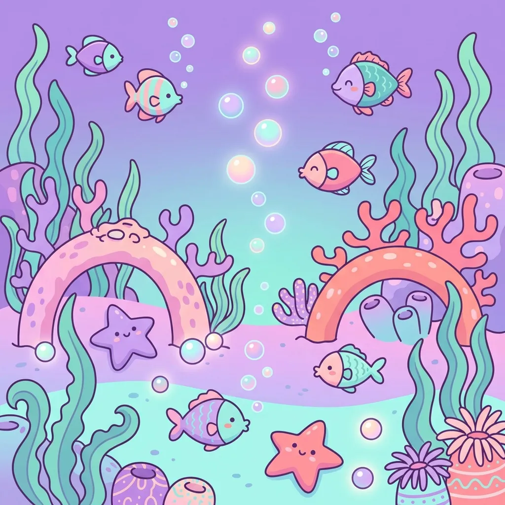 Panorámica submarina: peces kawaii, corales y cristales en lavanda y turquesa