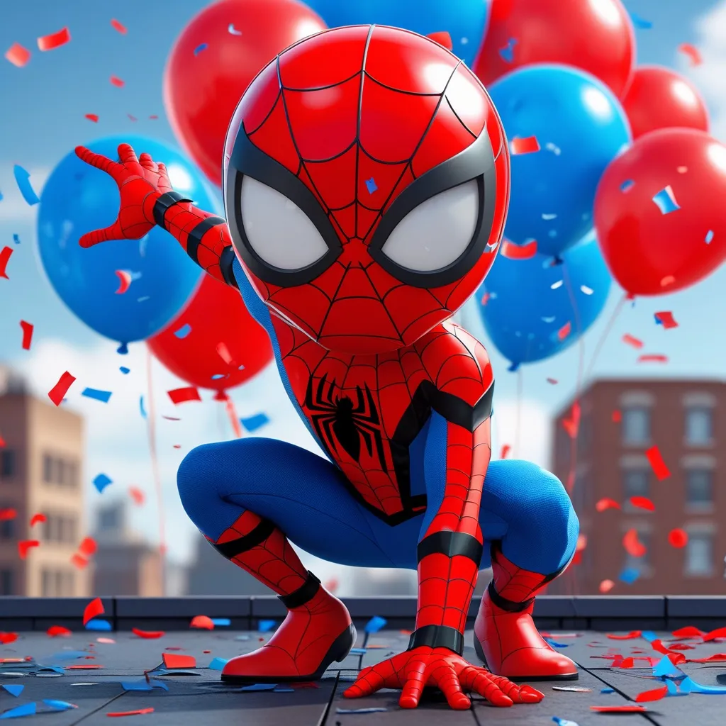 Héroe arácnido agazapado entre globos rojos y azules