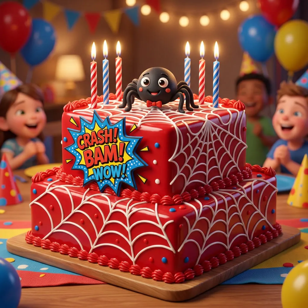 Torta de cumpleaños roja con telaraña y arañita de juguete