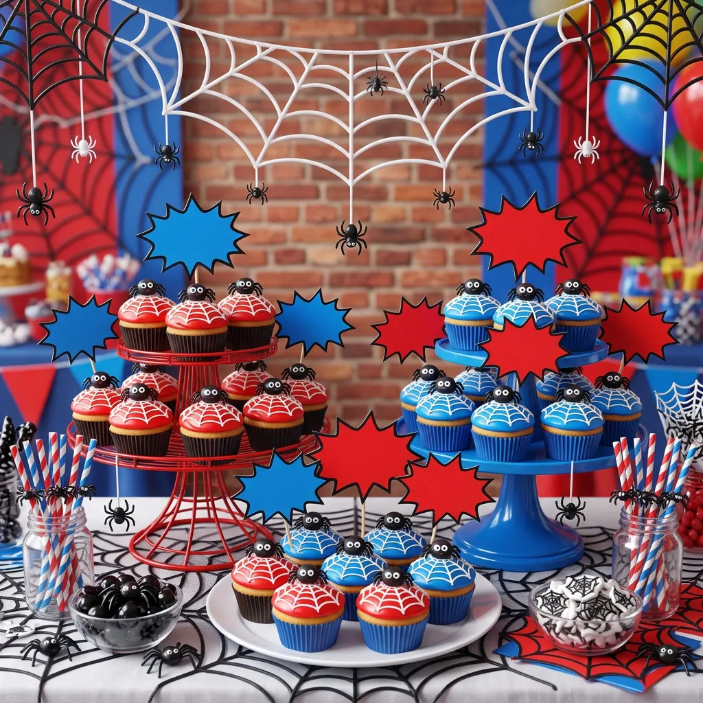 Mesa dulce con cupcakes rojos y azules y guirnalda de telaraña