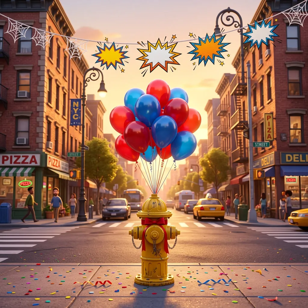 Globos rojos y azules atados a un hidrante en una esquina de Nueva York