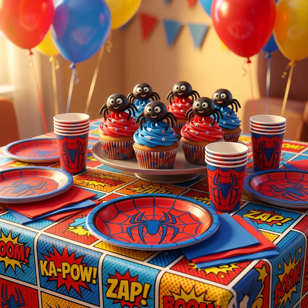 Mesa de fiesta con platos y cupcakes con arañitas