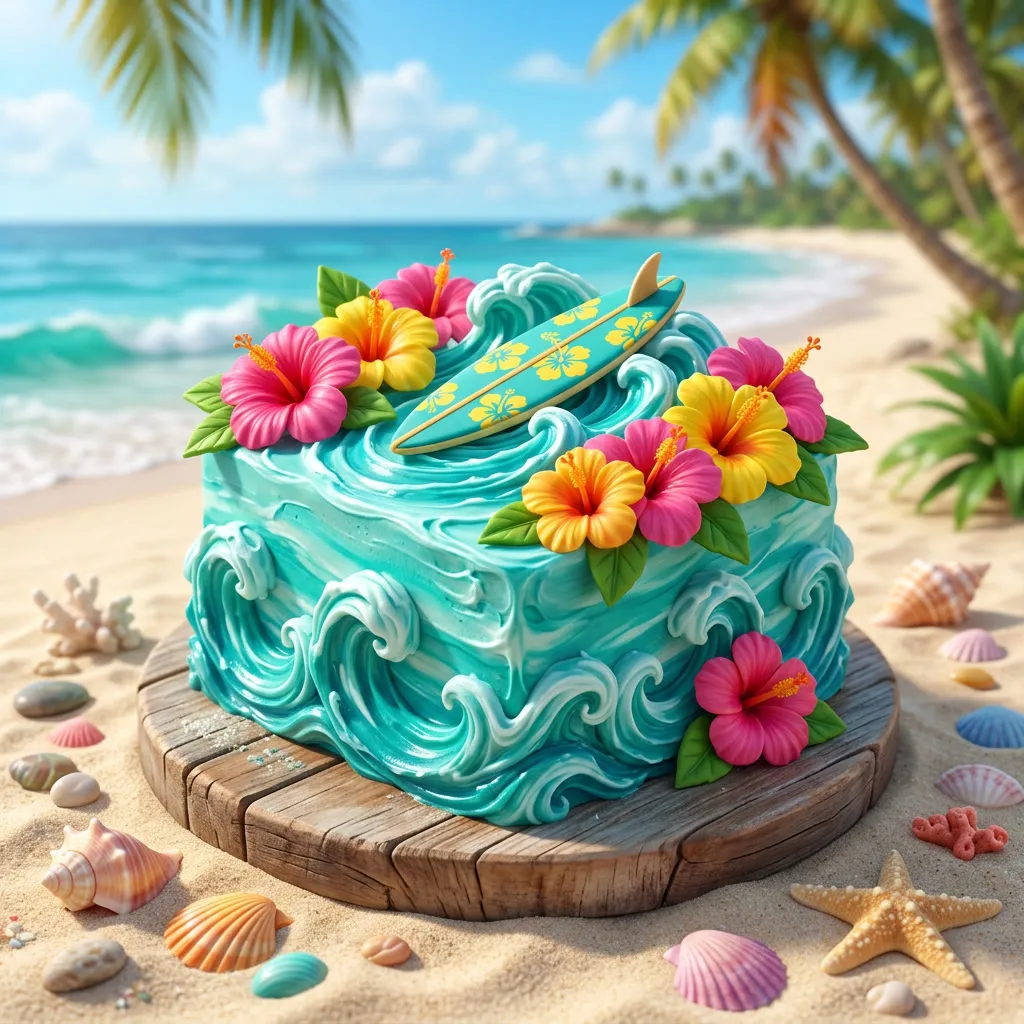 Torta de cumpleaños con olas turquesas de crema y flores de hibisco