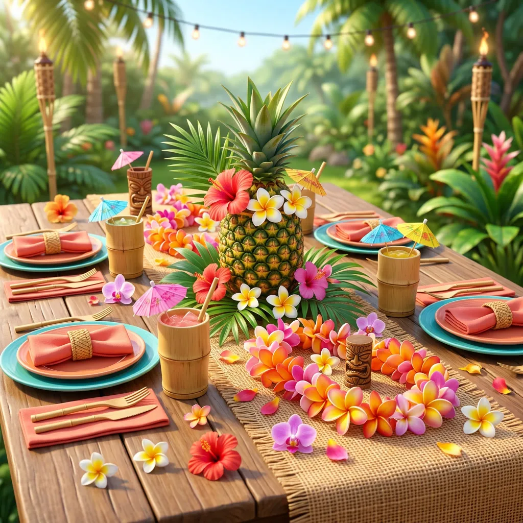 Mesa puesta estilo luau con vajilla turquesa, collares de flores y piñas