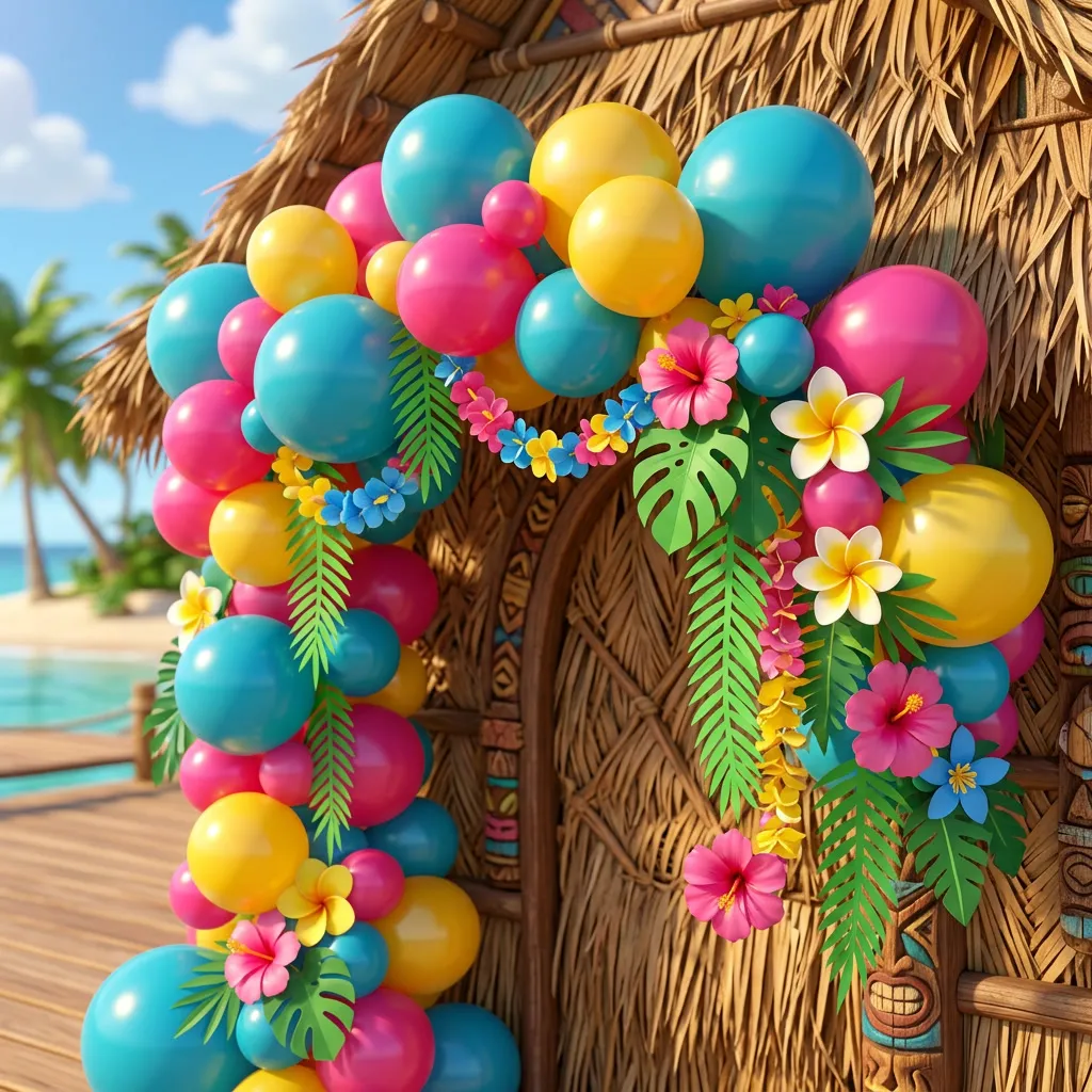 Arco de globos turquesa, rosa y amarillo con hojas de palmera sobre pared de paja