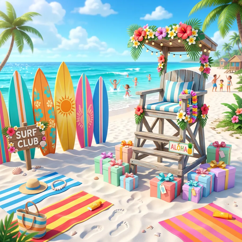 Rincón de playa con tablas de surf clavadas en la arena y regalos de colores