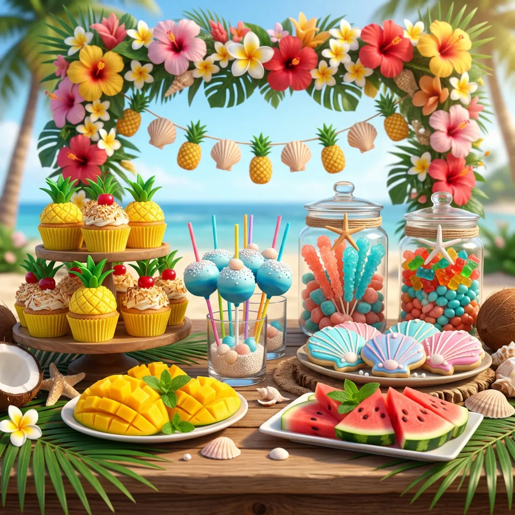 Mesa dulce tropical con cupcakes de piña, galletas de conchilla y fruta fresca