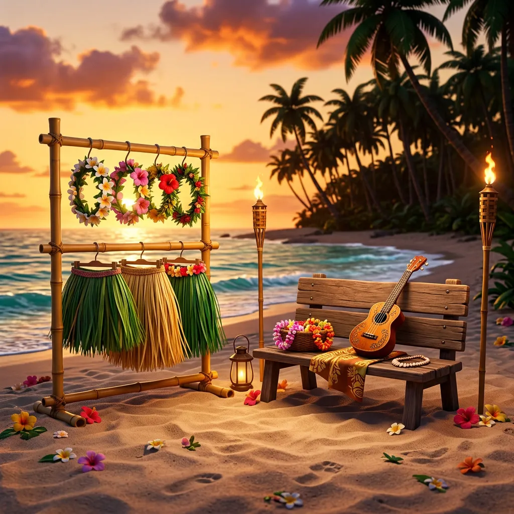 Rincón de hula al atardecer con polleras de rafia, coronas de flores y ukelele