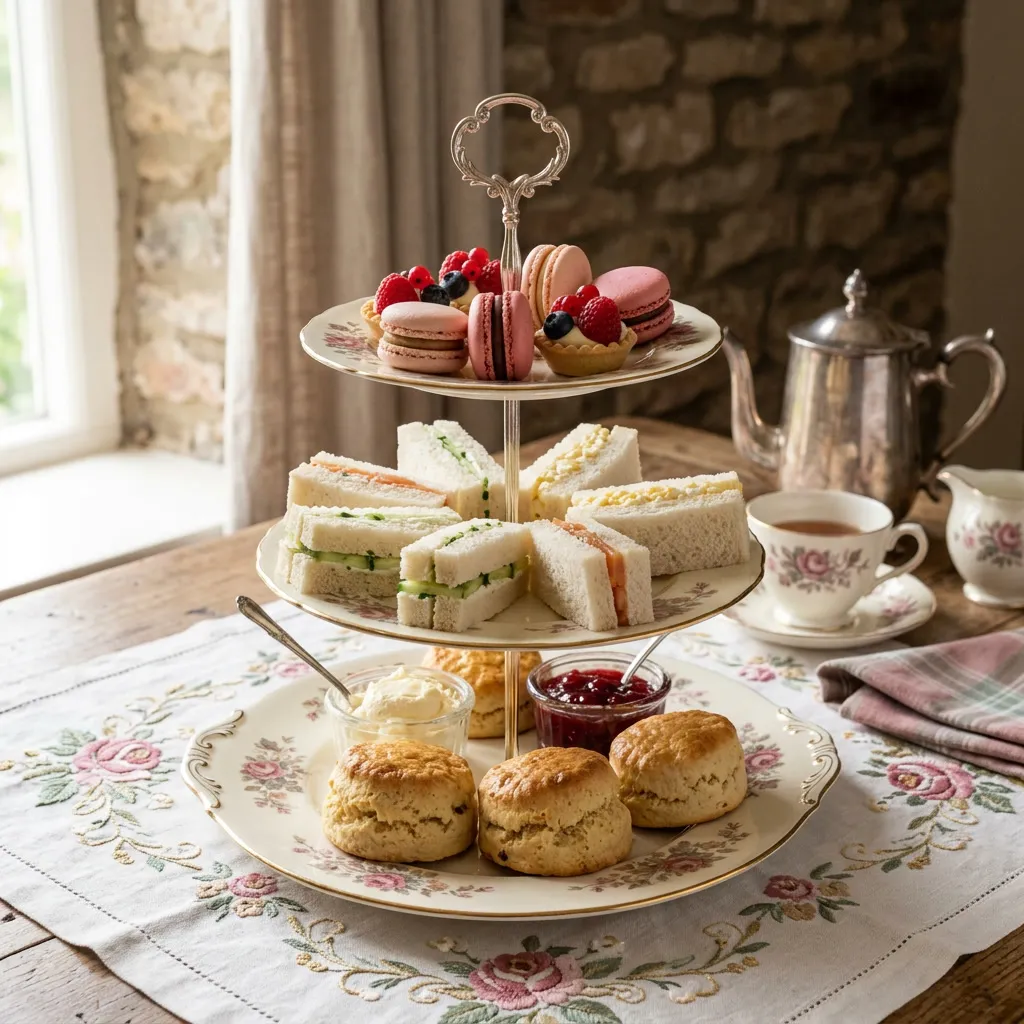 Bandeja de tres niveles con scones, finger sandwiches sin corteza, macarons rosados y tartelettes sobre mantel bordado