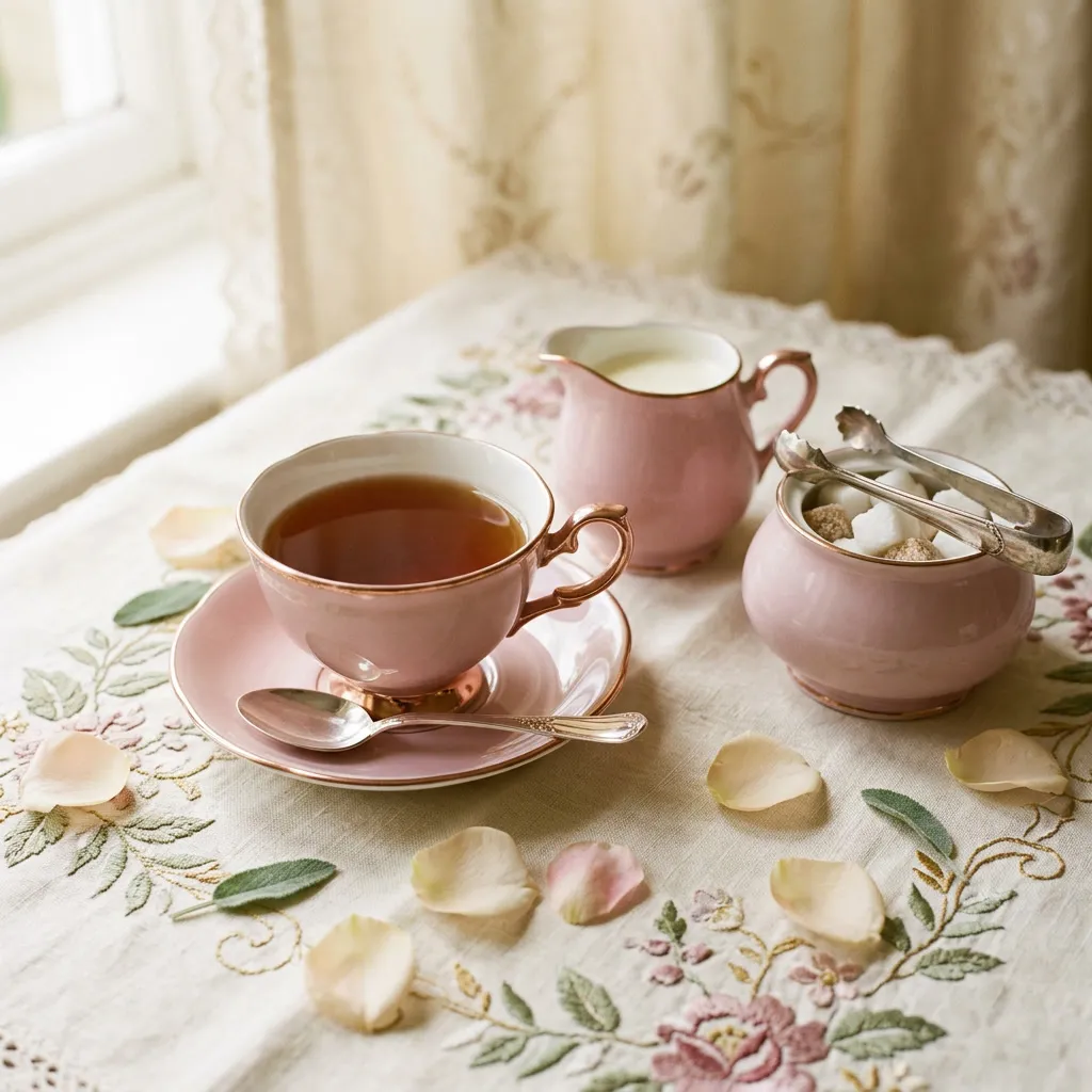 Tea set rosa fino con borde dorado, taza, plato, cucharita de plata, jarra de crema y azucarera, pétalos de rosa pálidos