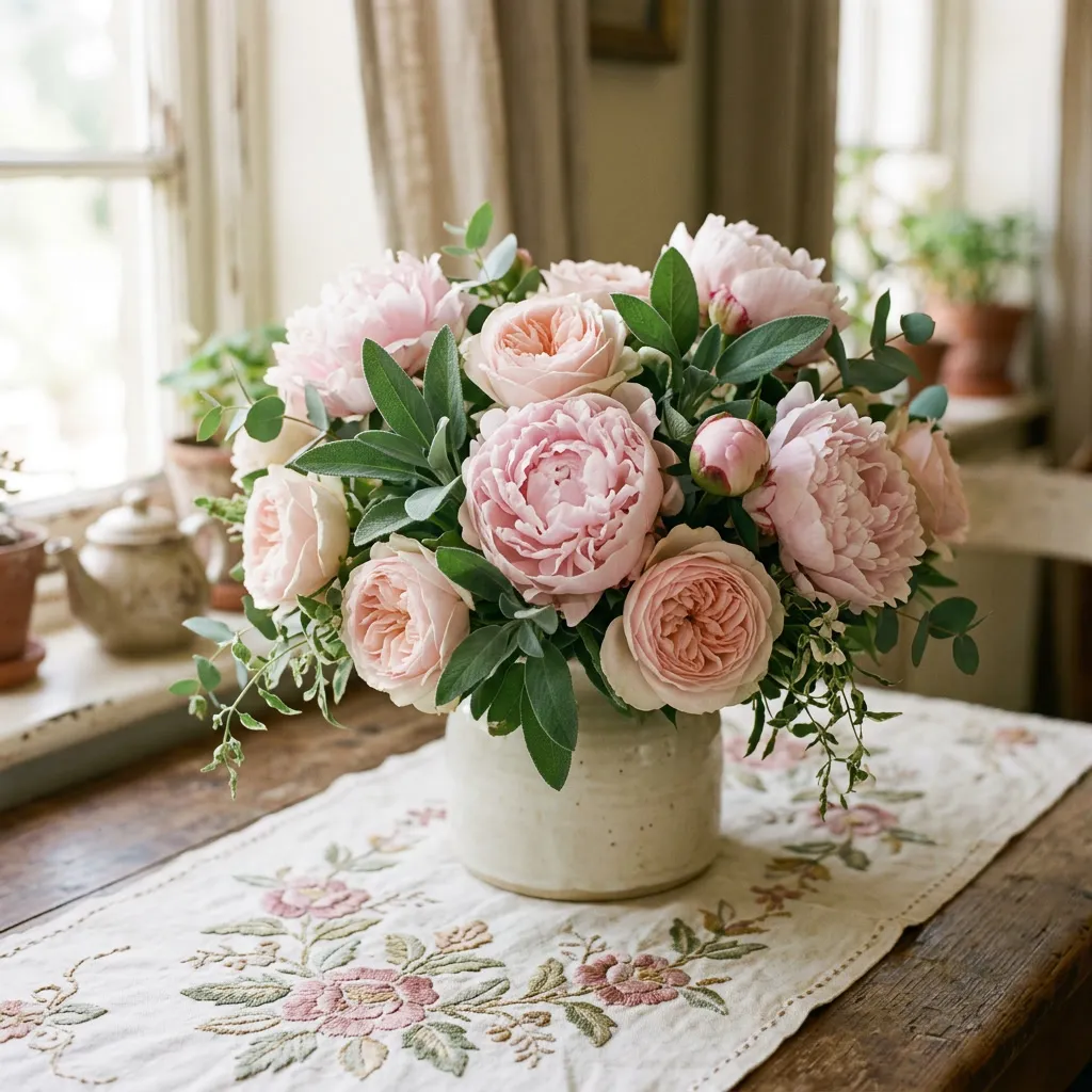 Ramo bajo de peonías y rosas rosa pálido en jarrón crema sobre runner bordado, luz natural suave de ventana