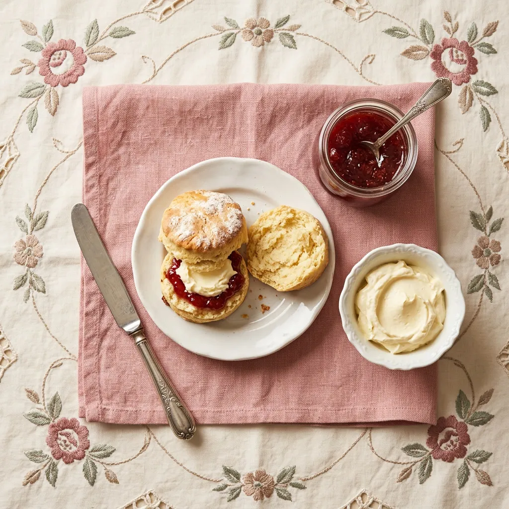 Flat lay de dos scones tibios partidos con mermelada de frutilla, clotted cream, cuchillo de plata sobre servilleta rosa