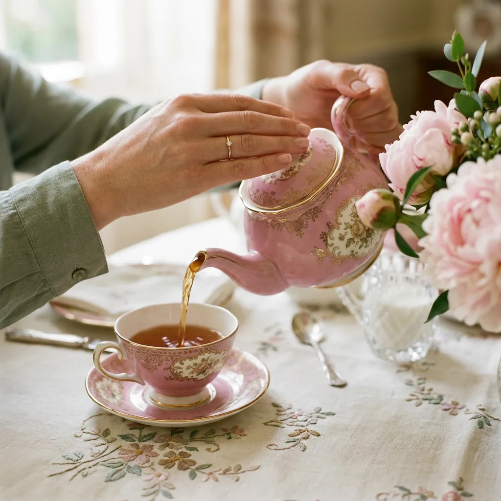 Mano femenina con anillo dorado sirviendo té de tetera de porcelana rosa a una taza, sin caras visibles