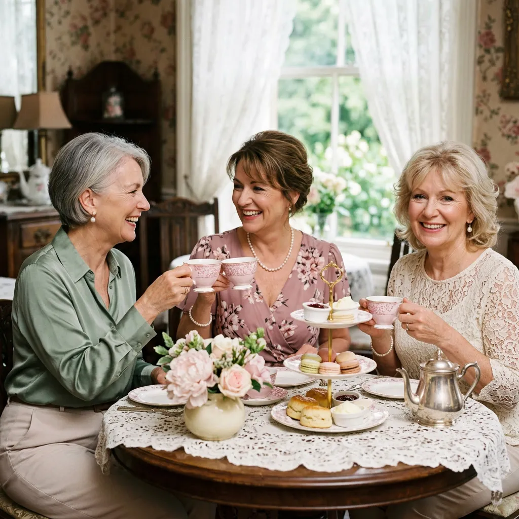 Tres mujeres elegantes 50+ riendo durante el high tea, brindando con tazas de porcelana rosa en salón british vintage