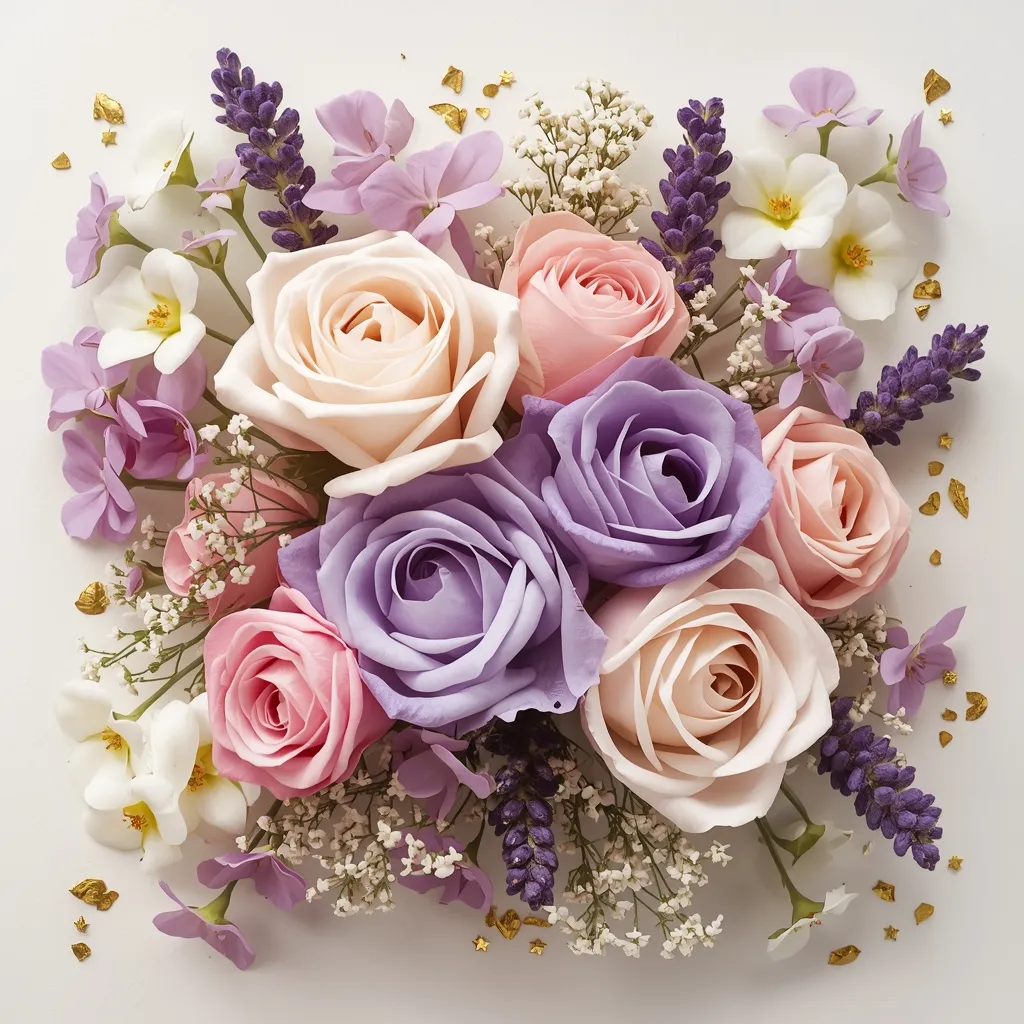 Arreglo floral rosa y lavanda con destellos dorados