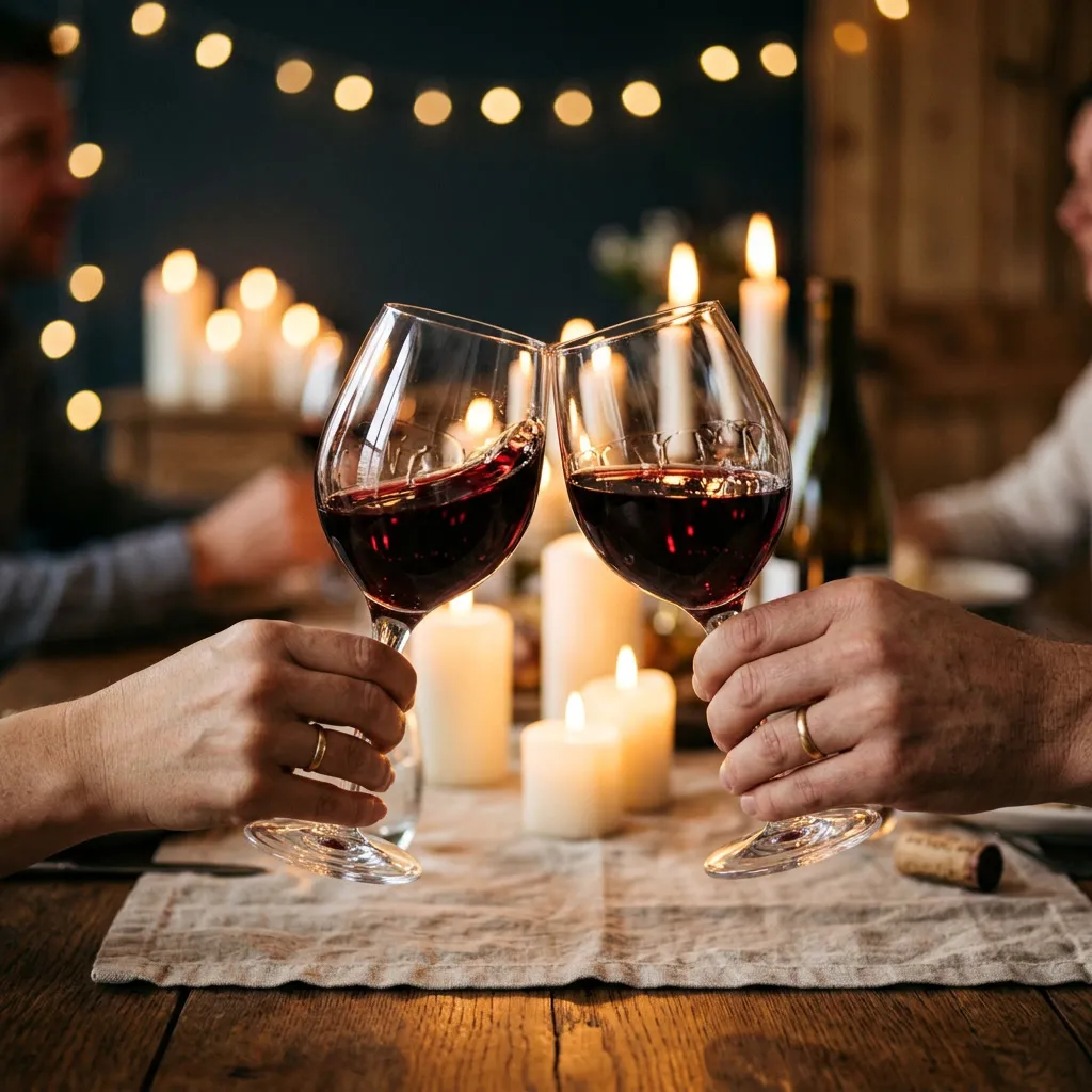 Dos copas de cristal chocando en brindis con vino tinto sobre mesa de madera con mantel de lino