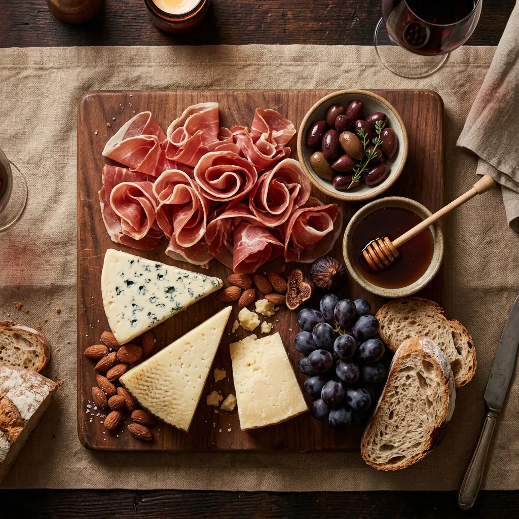 Vista cenital de tabla de picada generosa con jamón crudo, quesos, aceitunas y panes rústicos