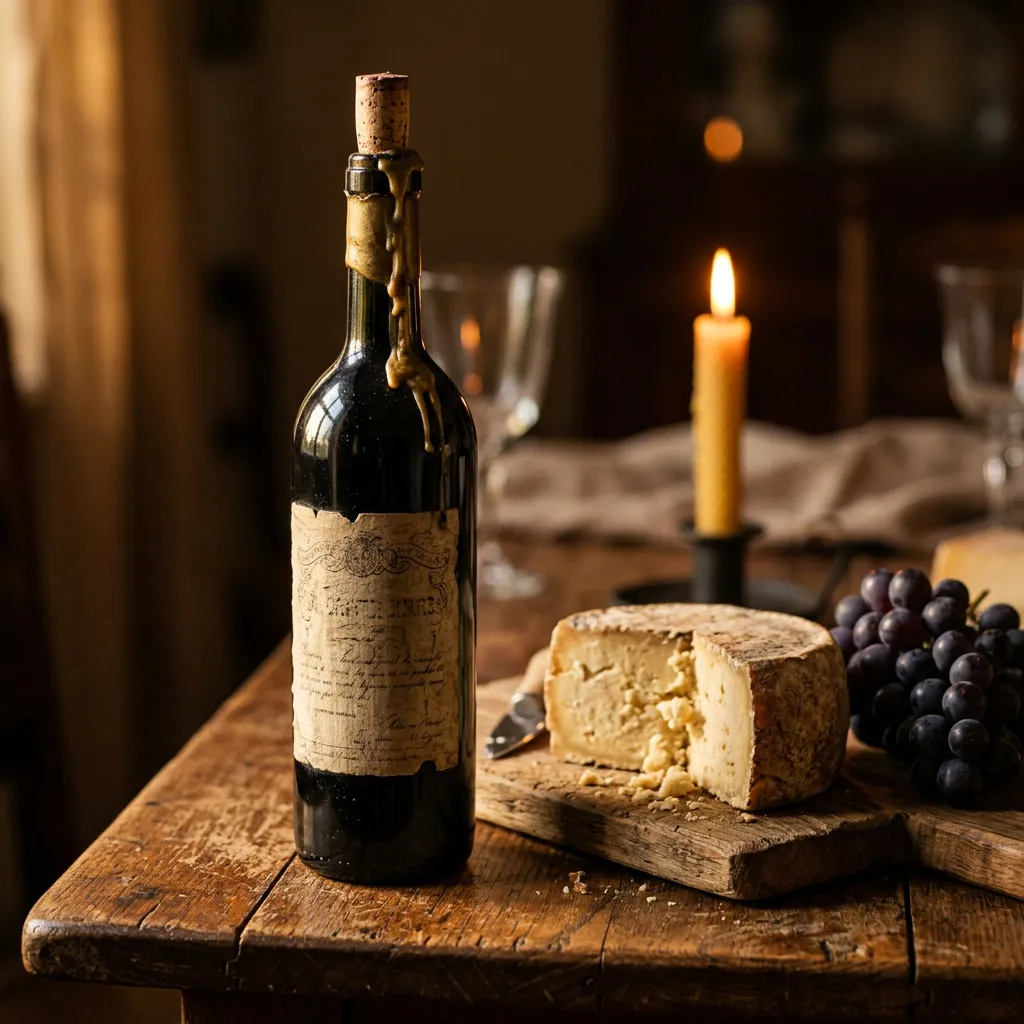 Botella vintage de vino tinto con sello de cera dorado junto a cuña de queso semicurado