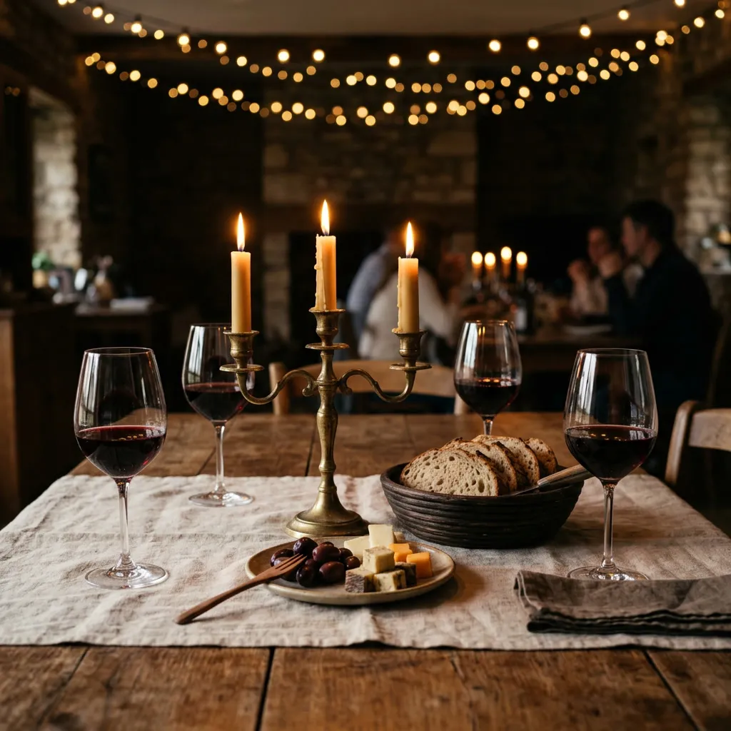 Detalle de mesa con copas, candelabro, pan, aceitunas y luces colgantes string lights