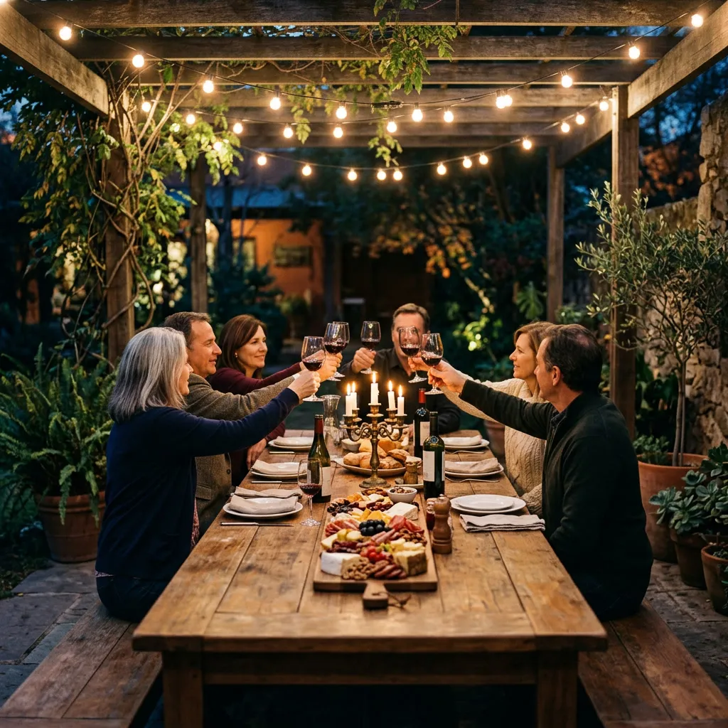 Mesa larga en patio con seis amigos adultos brindando bajo luces colgantes al atardecer