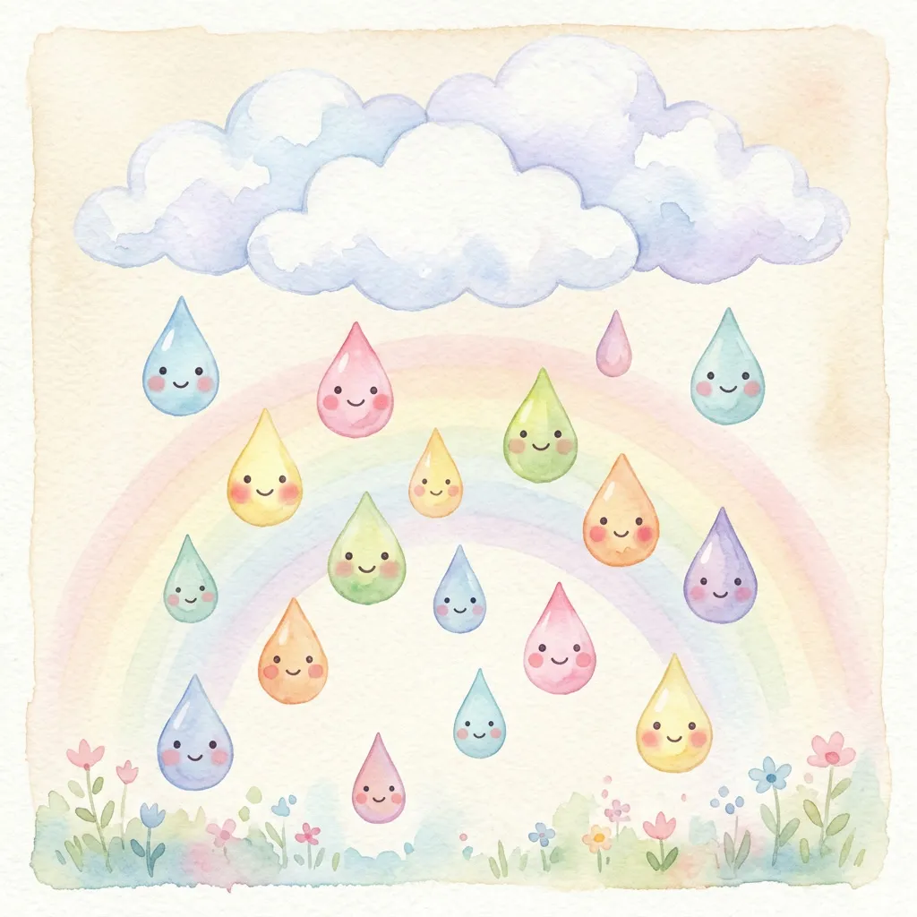 Gotitas alegres con caritas felices cayendo de nubes pastel