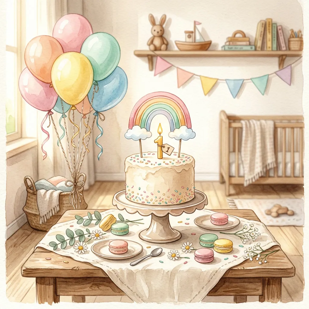 Mesa dulce de primer añito con torta arcoíris y macarons pastel